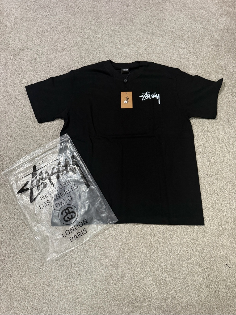 Stussy Black T-Shirt with White Script Logo